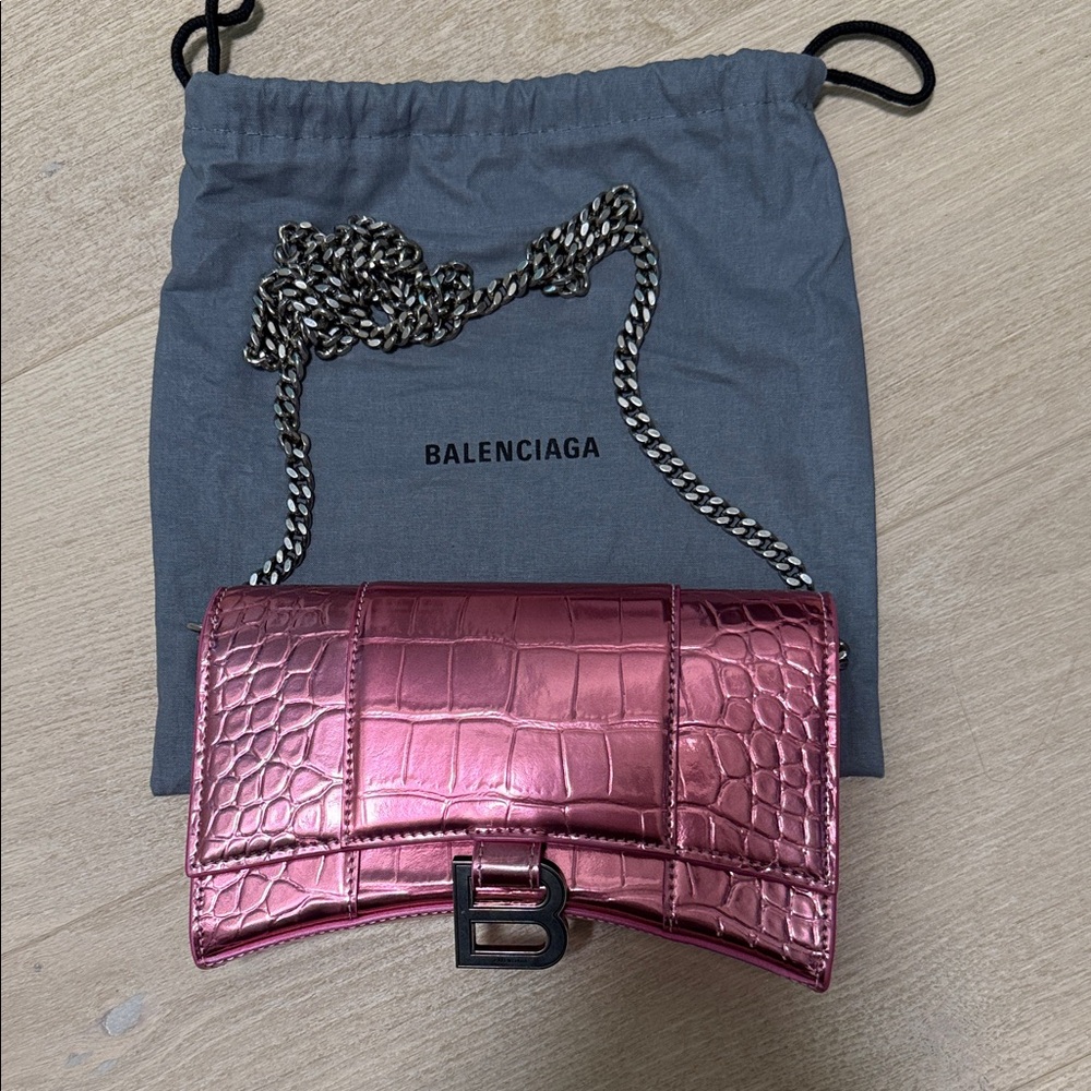 Balenciaga Metallic Pink Croc-Embossed Clutch